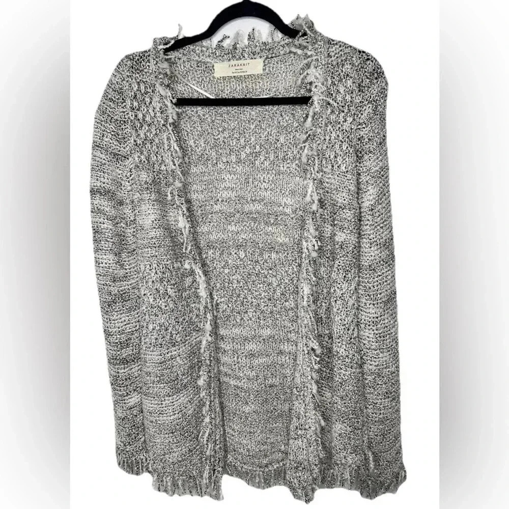 ZARA All‎ Over Fringe Open Cardigan Black Cream Silver Sweater Sz M Boho Work